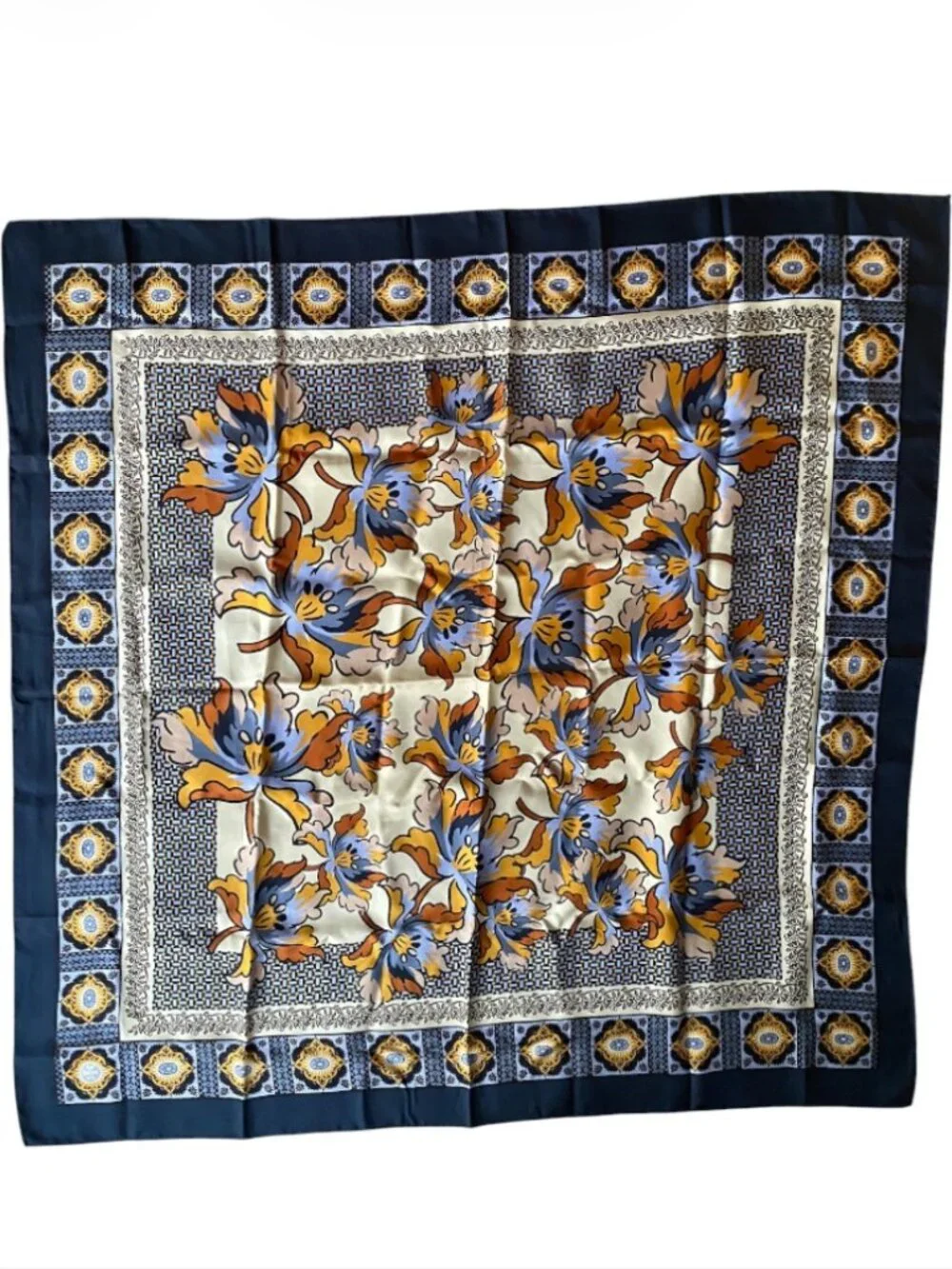 Tory Burch 35” Silk Square Scarf Floral Print Navy Orange Blue Design Tiger Lily